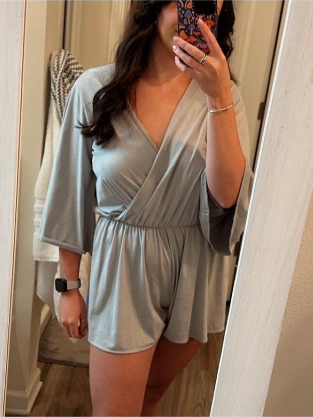 Women's Light Gray Wrap Romper - Suede Material